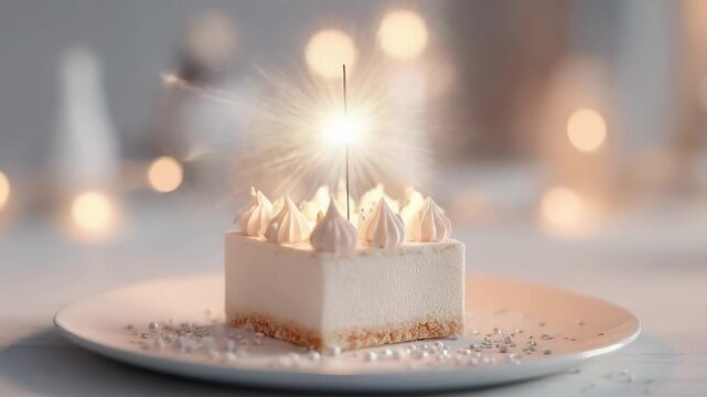 Small square white-frosted cake with a lit sparkler on top, plated on a white plate with soft bokeh lights in the background.