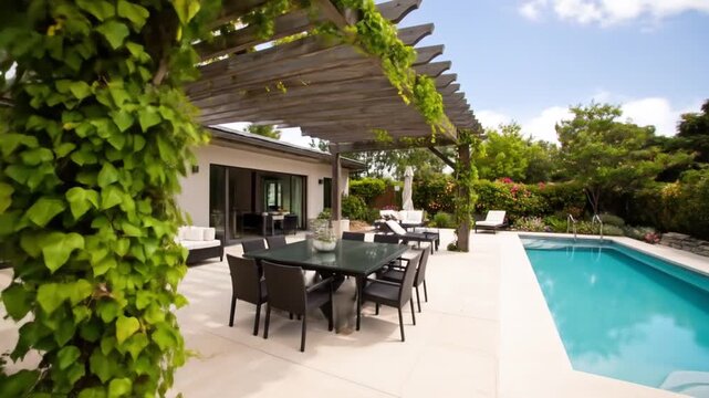 A luxurious outdoor patio features a pool, dining area, and lounge seating, shaded by a wooden pergola