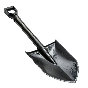 A metallic black utility shovel isolated against a pure black background.