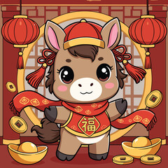 Joyful Kawaii Horse Bathing in Wealth and Fortune