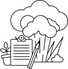 A black and white drawing of a tree with a clipboard and a pencil next to it