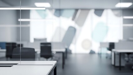 Modern Office Interior Bokeh: Bright, Minimalist Workspace with Glass Walls, Desks, Computers, and Silhouetted Employees for Corporate, Business, and Technology Backgrounds