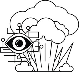 A black and white drawing of a cloud with a large eye in the middle