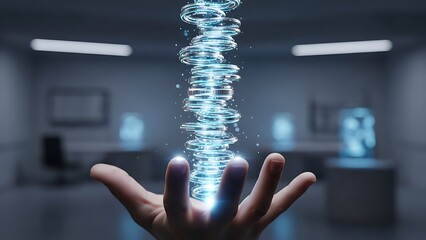 Human hand holding and generating a glowing blue digital data stream or energy vortex in a modern, blurred office environment