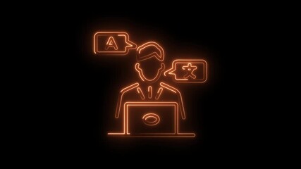 Neon translator works on laptop showing multilingual communication and language translation services