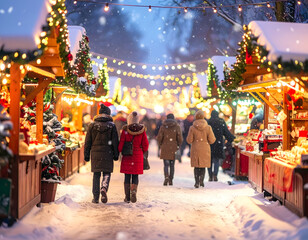 Obraz premium People walking through a snowy town bustling with people celebrating Christmas