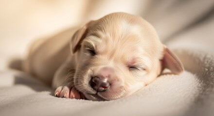 Sleeping newborn puppy on soft blanket