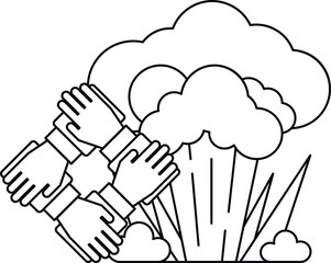 A group of people are holding hands in a circle, with a cloud in the background