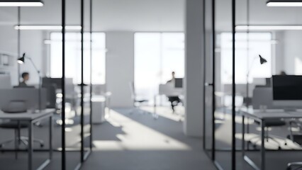 Modern Office Interior Bokeh: Bright, Minimalist Workspace with Glass Walls, Desks, Computers, and Silhouetted Employees for Corporate, Business, and Technology Backgrounds