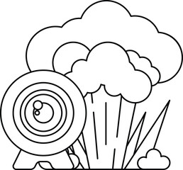 A black and white drawing of a camera with a lens and a cloud in the background