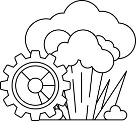 A black and white drawing of a gear and a cloud