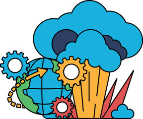 A black and white drawing of a planet with a cloud of smoke and a large gear