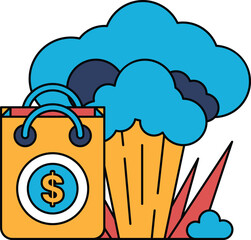 A bag with a dollar sign on it is next to a cloud of smoke