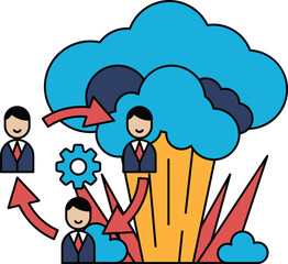 Three men are standing in front of a cloud