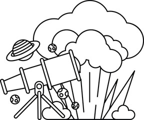 A black and white drawing of a telescope and a cloud of smoke