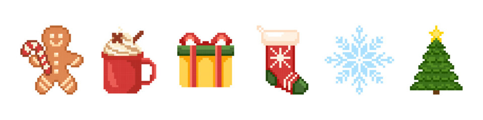 Christmas decoration pixel art game icon vector set. Retro 8 bit gingerbread man, cocoa, gift, stocking, snowflake, tree pixelated style