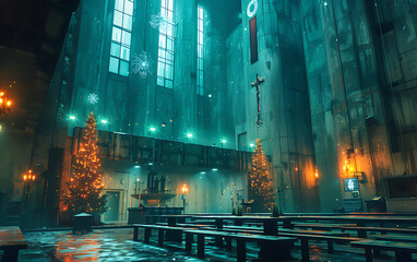 Obraz premium Soviet Propaganda Christmas in Brutalist Interior – Vaporwave Orthodox Icons
