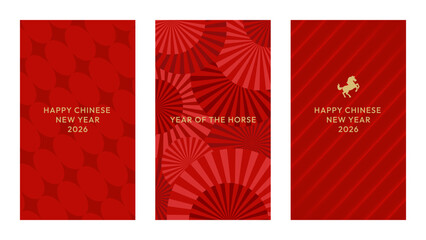 Elegant set of three vertical vector backgrounds for Chinese New Year 2026. Year of the Horse. Features red and gold colors with abstract geometric and traditional Chinese fan-inspired patterns.