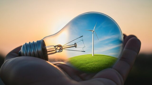 Holding the future of sustainable energy, a lightbulb with a wind turbine inside representing clean power and green technology solutions - Powered by Adobe