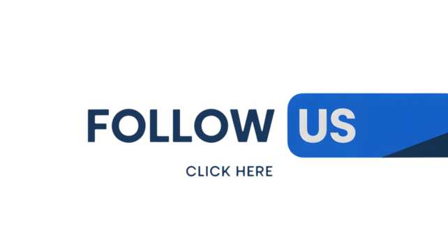 Follow us text with a click here button and a blue follow us button on a black background