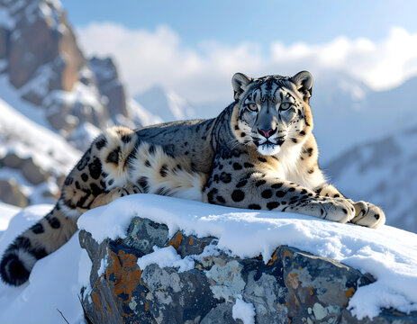 A snow leopard resting on the snow