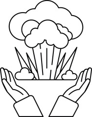 A black and white drawing of two hands holding a cloud with a fire in the middle