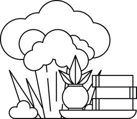 A tree with a pot of flowers and a stack of books