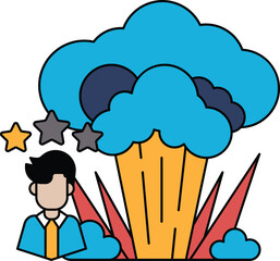 A man is standing in front of a cloud of smoke with a star on his head