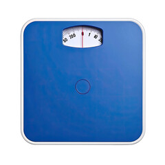 A bright blue analog bathroom scale with a white dial set against a black background.