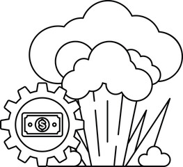 A black and white drawing of a cloud with a dollar bill in the middle