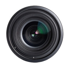 Close-up of a black camera lens element against a dark background.