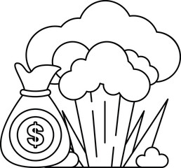 A white and black drawing of a bag with a dollar sign on it and a cloud of smoke