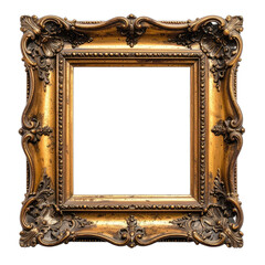 An ornate, antique gold picture frame with detailed baroque carvings against a black background.