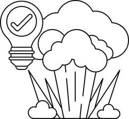 A black and white drawing of a light bulb with a check mark on it