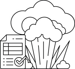 A black and white drawing of a cloud with a paper with a check mark on it