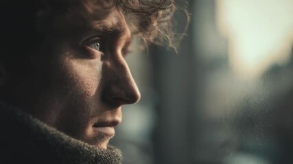 Close-up of a young man wearing a scarf, gazing pensively out a window.