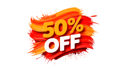 A vibrant fifty percent off sale promotion with paint strokes on a black background graphic design