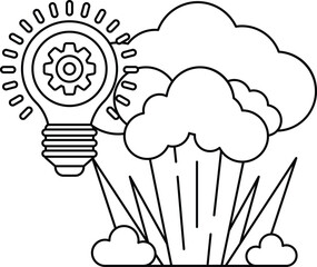 A light bulb is shown with a gear on it, and a cloud is in the background
