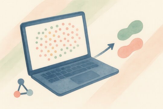 Analytical digital interface showcasing computational data visualization with colorful scatter plot elements and scientific connectivity representing innovation and intelligence