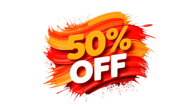 A vibrant fifty percent off sale promotion with paint strokes on a black background graphic design