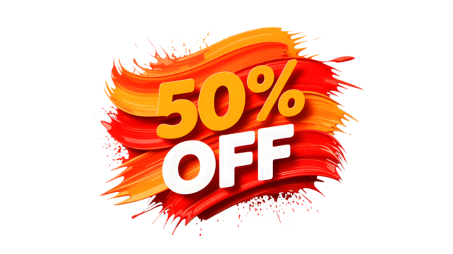 A vibrant fifty percent off sale promotion with paint strokes on a black background graphic design