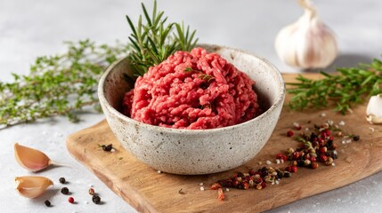 A bowl filled with fresh ground beef rests on a wooden cutting board. Surrounding it are sprigs of herbs and garlic, ready for a delicious meal preparation
