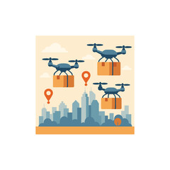 Drone Delivery Over City Skyline With Packages in Flight Above Urban Landscape