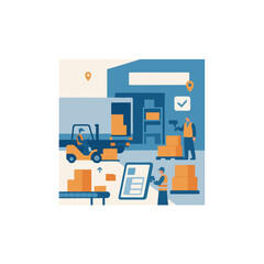 Warehouse Loading Dock Scene With Forklift, Boxes, and Workers Managing Inventory and Logistics Operations Workflow