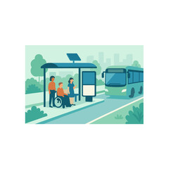 People At Bus Stop With Wheelchair User And City Bus In Modern Park Setting