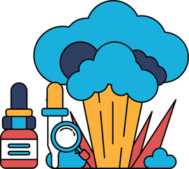 A drawing of a cloud with a bottle of medicine and a magnifying glass