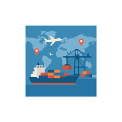Global Trade and Logistics Concept: Cargo Ship, Crane, and World Map Background