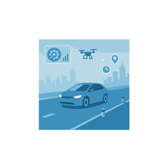 Blue City Autonomous Car On Smart Highway With Drone And Tech Icons In Futuristic Scene