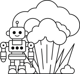 A robot is standing in front of a cloud of smoke