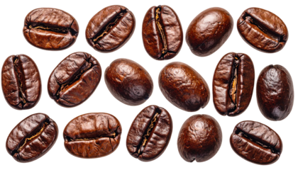 Dark roasted coffee beans isolated on white background, showing rich texture and natural glossy surface, captured in a detailed macro shot that highlights aroma, freshness, depth, and authentic coffee